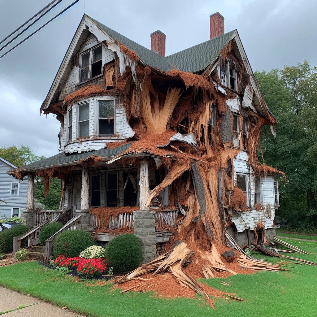 Damaged tree on an Geneva home showing signs of disease and decay